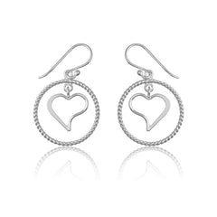 Sterling Silver Twisted Wire Open Circle w/ Center Heart Earrings