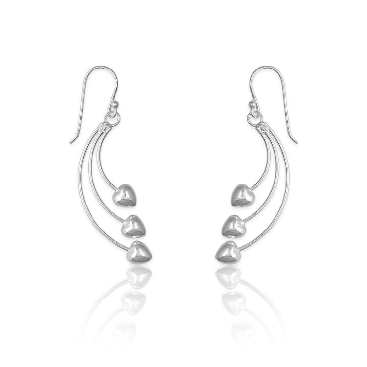 Sterling Silver 3 Lines w/ Hearts Earrings