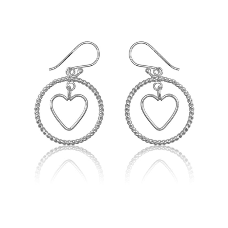 Sterling Silver Twisted Wire Open Circle w/ Center Open Heart Earrings