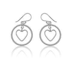Sterling Silver Twisted Wire Open Circle w/ Center Open Heart Earrings