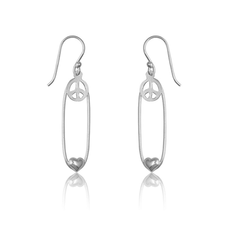 Sterling Silver Open Oval w/ Peace Sign and Heart Earrings