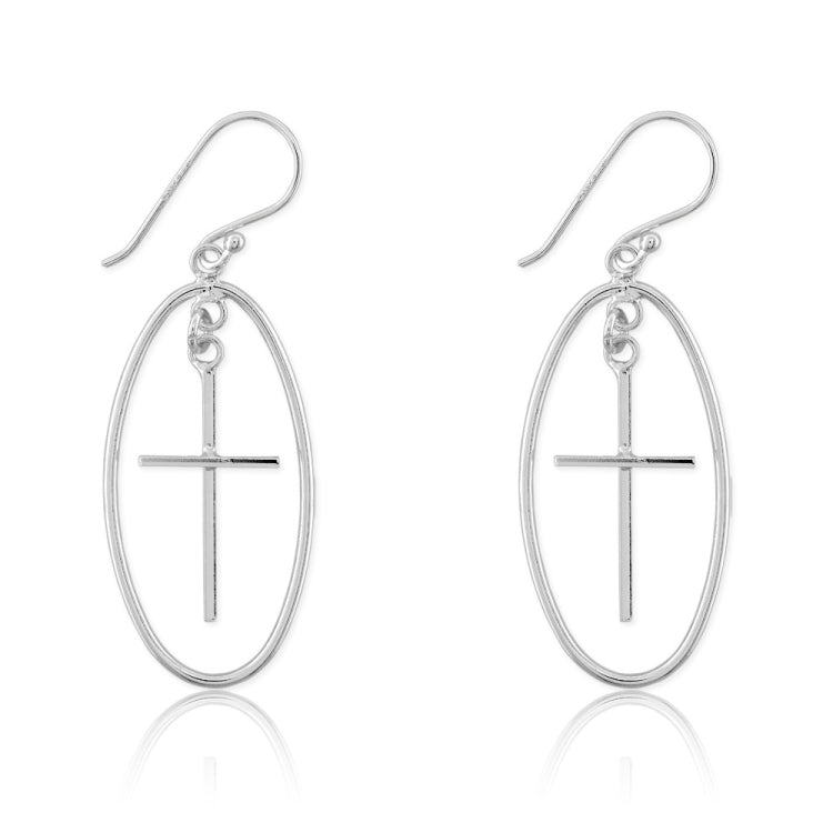 Sterling Silver Large Open Oval w/ Cross Earrings