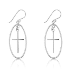 Sterling Silver Large Open Oval w/ Cross Earrings