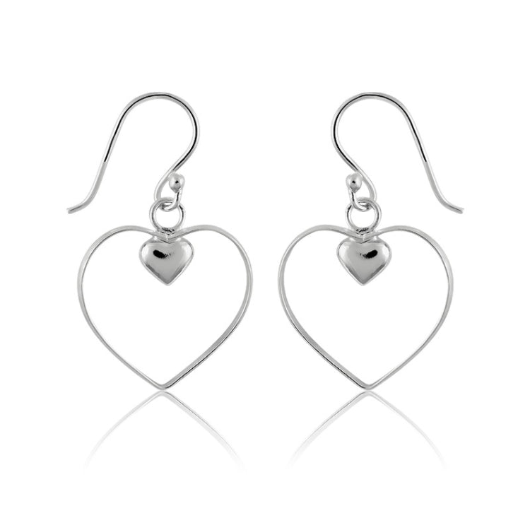 Sterling Silver Open Heart w/ Small Inner Heart Earrings