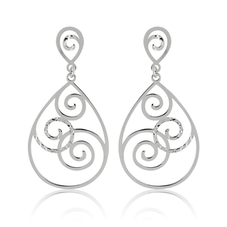 Sterling Silver Open Teardrop w/Diamond Cut Swirl Design Dangling Earrings