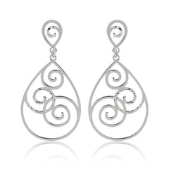 Sterling Silver Open Teardrop w/Diamond Cut Swirl Design Dangling Earrings