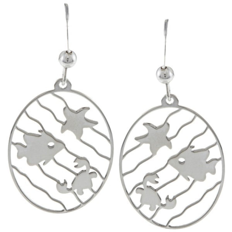 Sterling Silver Oval w/Wavy Lines Sea Life Earrings