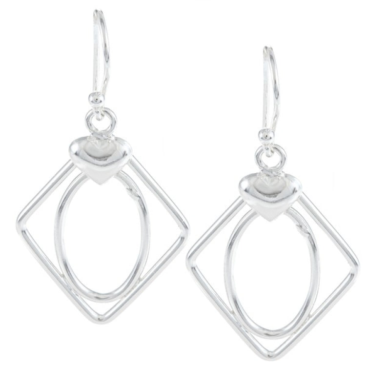 Sterling Silver Open Oval Inside Open Diamond w/Heart On Top Earrings
