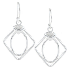 Sterling Silver Open Oval Inside Open Diamond w/Heart On Top Earrings
