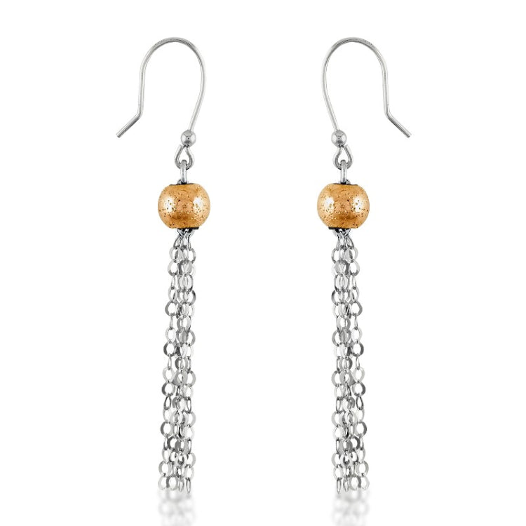 Sterling Silver Rose Gold Plated Diamond-Cut Bead with Dangling Chains Earrings