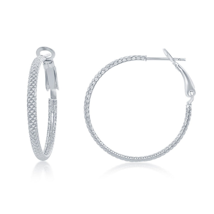 Sterling Silver Rounded Checkered 30mm Hoop Earrings