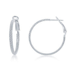 Sterling Silver Rounded Checkered 30mm Hoop Earrings