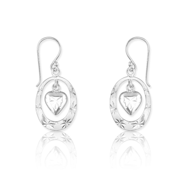 Sterling Silver Open Oval w/Center Dangling Heart Earrings