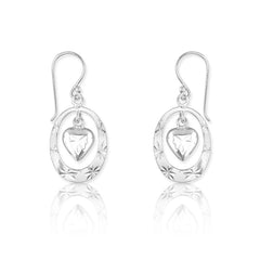 Sterling Silver Open Oval w/Center Dangling Heart Earrings