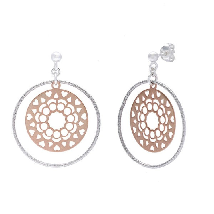 Sterling Silver Diamond Cut Open Ring with Open Circle Dangling Center Earrings