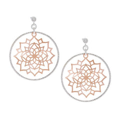 Sterling Silver Diamond Cut Circle with Rose GP Center Flower Earrings