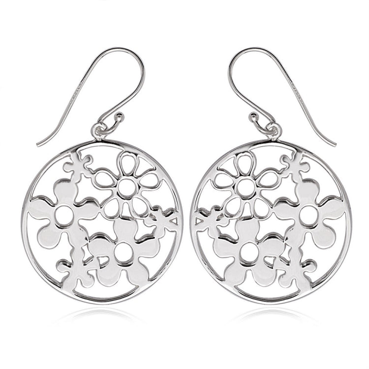 Sterling Silver Open Circle with Multiple Flowers Earrings