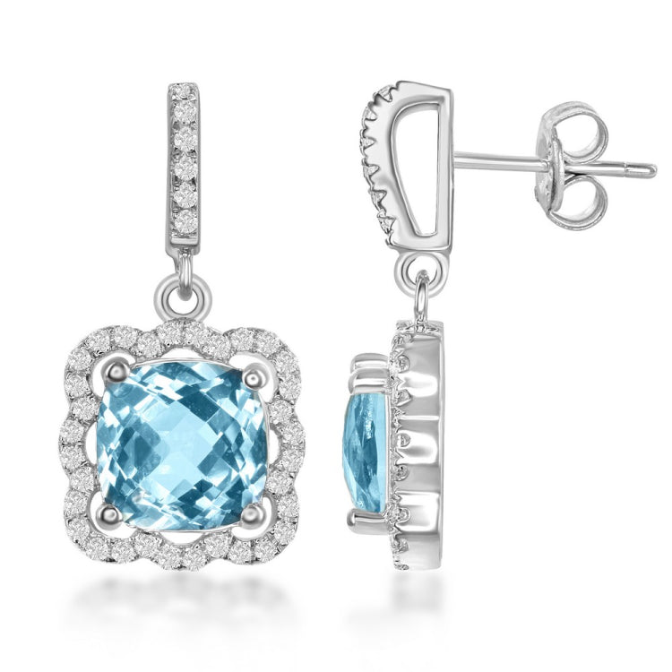 Sterling Silver Square Blue Topaz with Scalloped White Topaz Border 6.03cttw Earrings