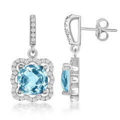 Sterling Silver Square Blue Topaz with Scalloped White Topaz Border 6.03cttw Earrings