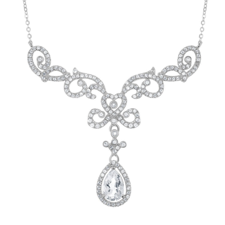 Sterling Silver 2.9cttw White Topaz Elaborate Designed Teardrop Bridal Necklace
