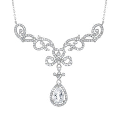Sterling Silver 2.9cttw White Topaz Elaborate Designed Teardrop Bridal Necklace