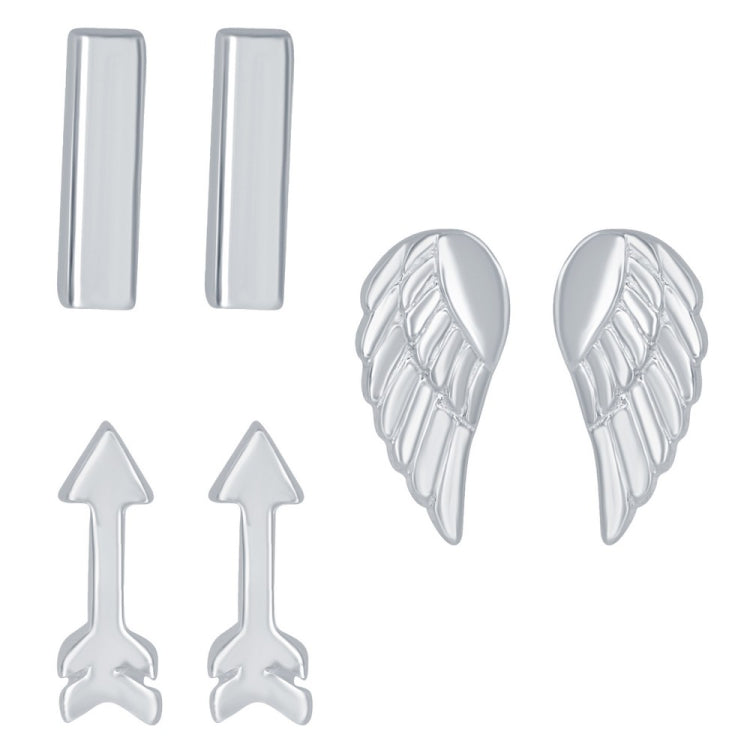 Sterling Silver Set of 3 Bar, Arrow, and Angel Wings Stud Earrings