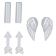 Sterling Silver Set of 3 Bar, Arrow, and Angel Wings Stud Earrings