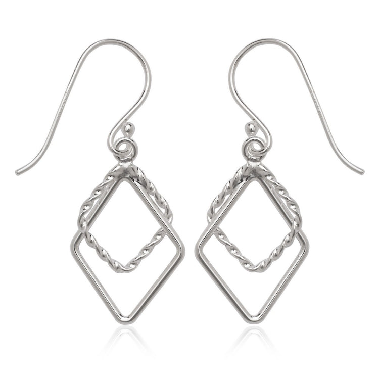 Sterling Silver Double Open Rope and Shiny Diamond Shaped Earrings
