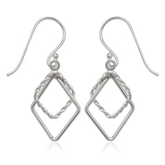 Sterling Silver Double Open Rope and Shiny Diamond Shaped Earrings
