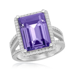 Sterling Silver CZ & 14x10mm Rectanglular Step-Cut Halo - Tanzanite Swarovski Element Ring