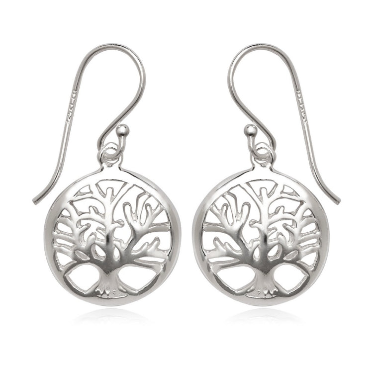 Sterling Silver Round Open Circle with Center Tree Earrings