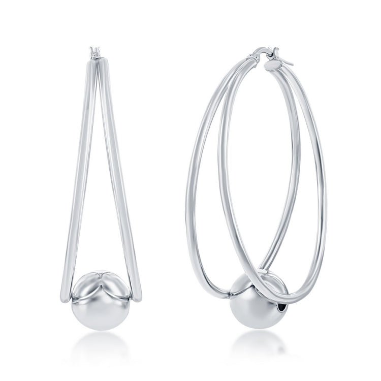 Sterling Silver Large Double Oval with 12mm Bead Earrings