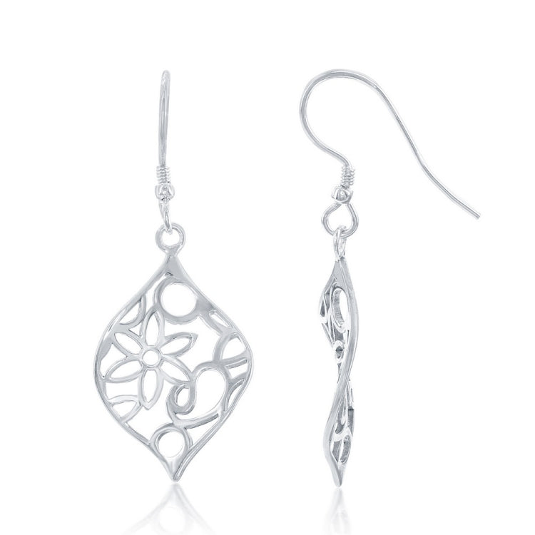 Sterling Silver Open Marquise with Flowers Design Earrings