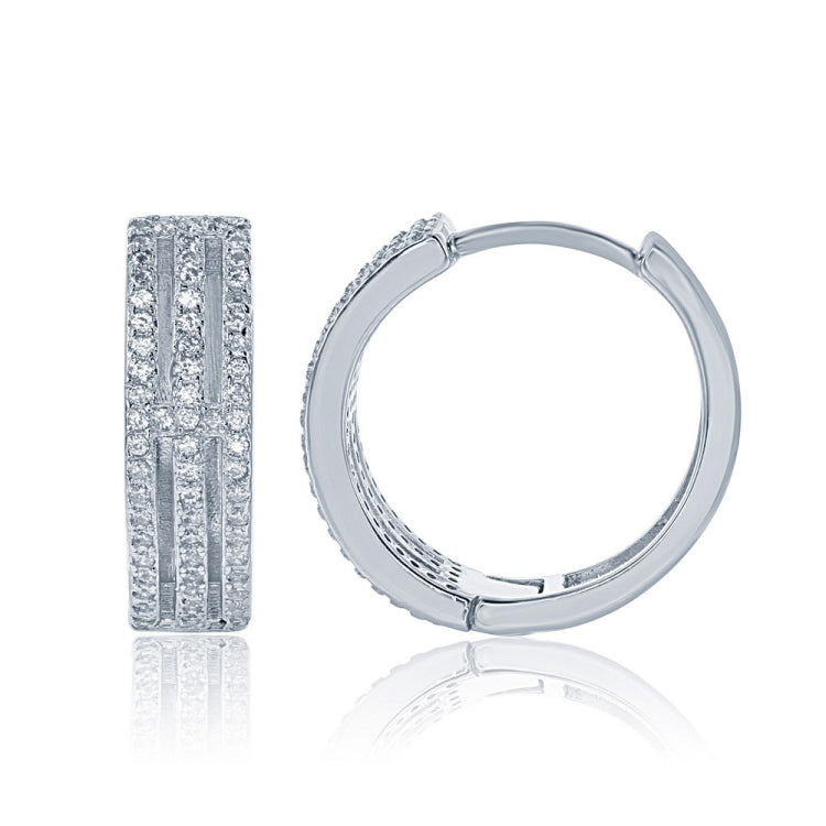 Sterling Silver Open Triple Row CZ Hoop Earrings