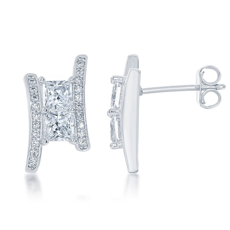 Sterling Silver "Us2gether" Overlapping Square Two-Stone CZ Earrings