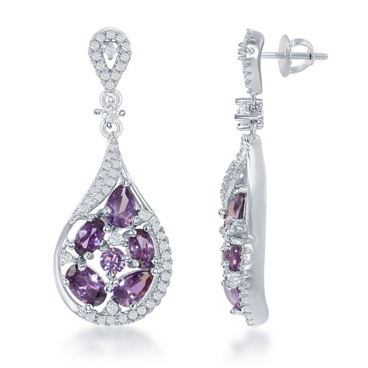 Sterling Silver Purple Multi Shaped CZ Teardrop Earrings