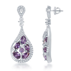 Sterling Silver Purple Multi Shaped CZ Teardrop Earrings