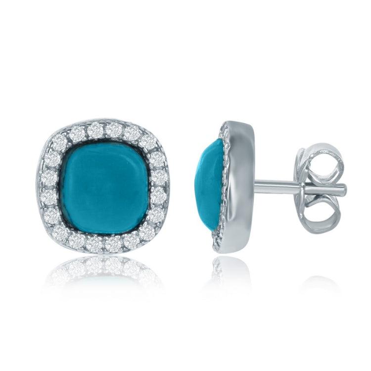 Sterling Silver Small Square Turquoise with CZ Border Stud Earrings