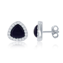 Sterling Silver Small Triangle Navy Lapis with CZ Border Stud Earrings
