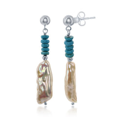 Sterling Silver Turquoise with Hanging Biwa Freshwater Pearl Earrings
