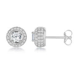 Sterling Silver 4mm Round White Topaz Surrounded by White Topaz Stud 1.81cttw Earrings
