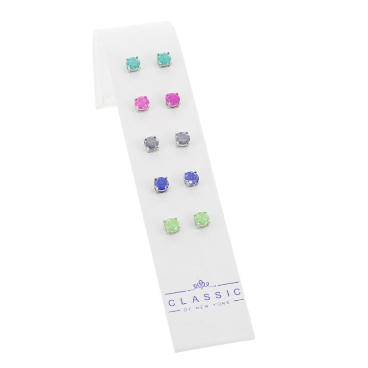 Sterling Silver Set of 5 Round 6mm Blue, Pink, Light Blue, Green, & Gray Ice Earrings