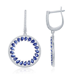 Sterling Silver Round Open Marquise Create Blue Sapphire and White CZ Earrings