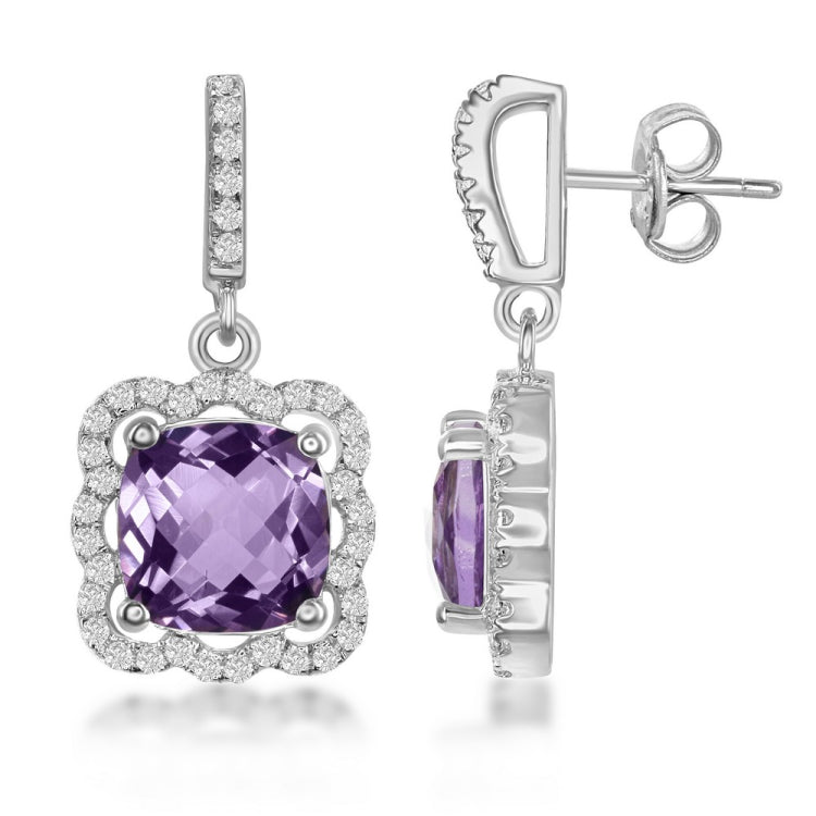 Sterling Silver Square Purple Amethyst with Scalloped White Topaz Border 4.65cttw Earrings