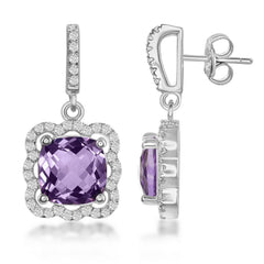 Sterling Silver Square Purple Amethyst with Scalloped White Topaz Border 4.65cttw Earrings