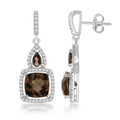 Sterling Silver Square Smokey Center with White Topaz Border 5.72cttw Earrings