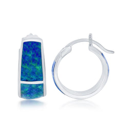 Sterling Silver Blue Opal Wide Squares Small Hoop Earrings