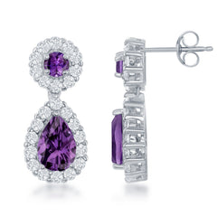 Sterling Silver Round & Teardrop Amethyst Center White Topaz Border Earrings