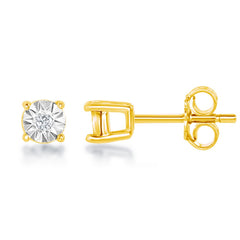 Sterling Silver Center Diamond 3MM Stud Earrings - Gold Plated