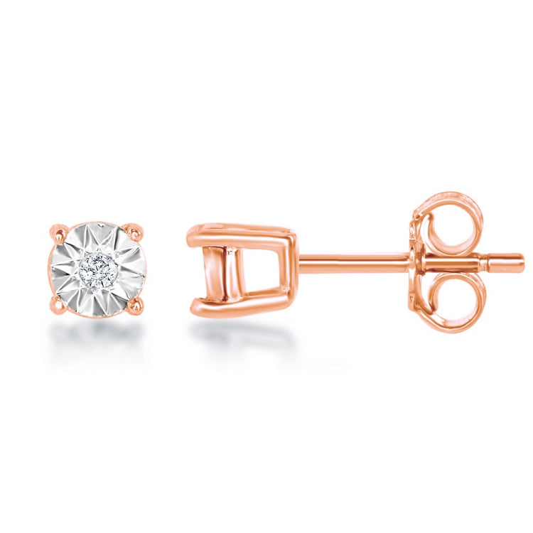 Sterling Silver Center Diamond  3MM Stud Earrings - Rose Gold Plated